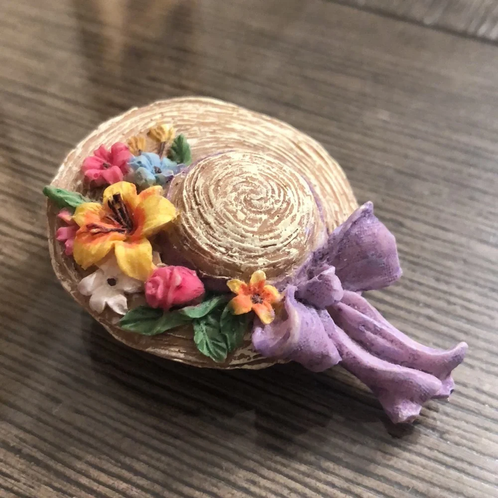 Vintage Resin Straw Hat Pin with Flowers, Purple Bow, Bonnet